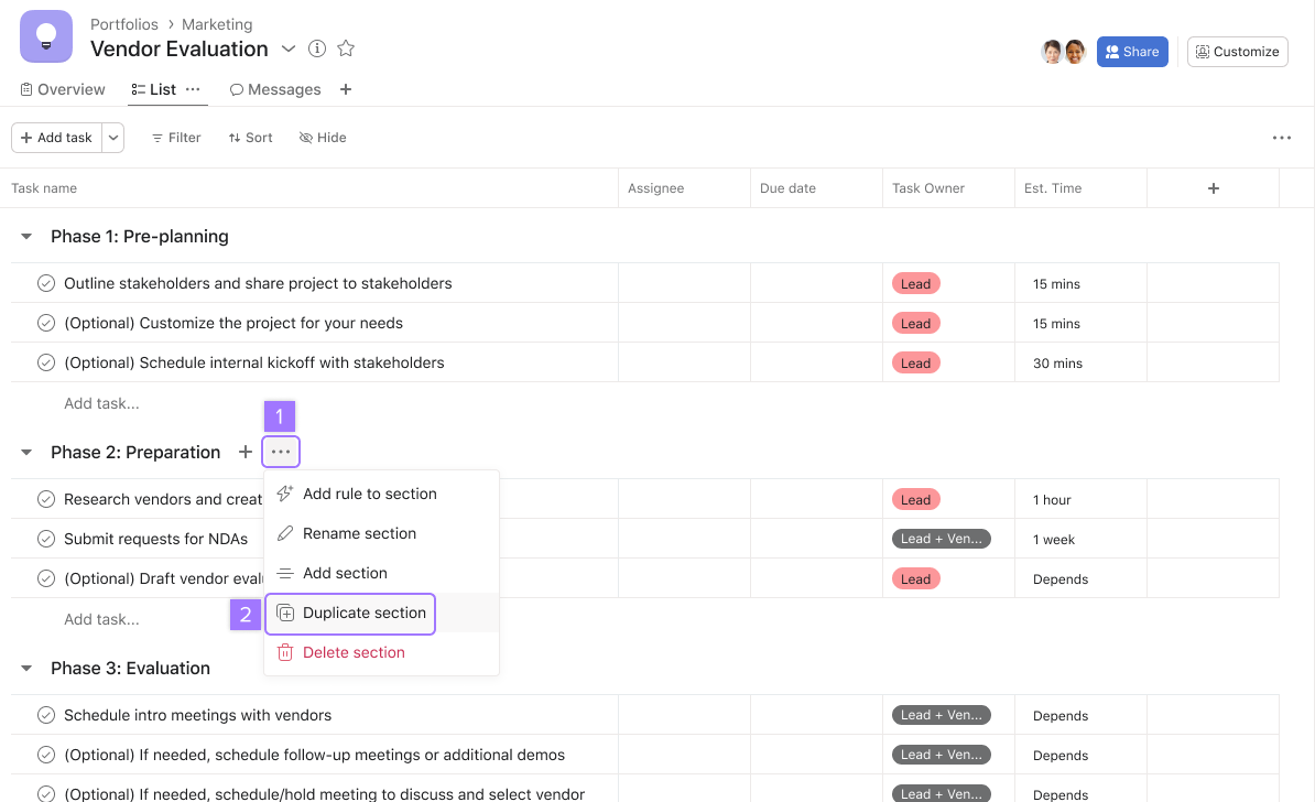 Asana duplicating a section in a project
