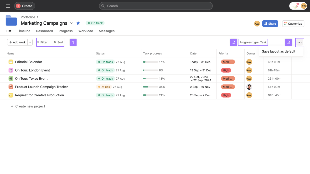 Asana Portfolio filters